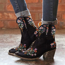 Load image into Gallery viewer, Fullwei Cowboy Booties for Women,Women Embroidery Cowgirl Wide Combat Ethnic Ankle Boot Ladies Casual Pull-Up Western Low Heels Short Motorcycle Riding Walking Shoe (Black, 9)
