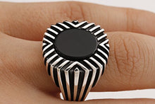 Load image into Gallery viewer, Motif Modern Style Ottoman Oval Black Onyx Turkish Handmade Jewelry 925 Sterling Silver Men's Ring All Size Options Size
