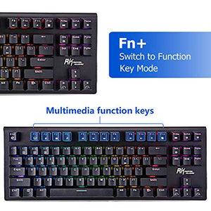 RGB Mechanical Keyboard 87-Key RGB LED Backlit Wireless Bluetooth 3.0 /USB Wired Multi-Media Mechanical Gaming Keyboard for PC/Smartphone/Laptop （Rechargeable Battery） Black Blue Switch