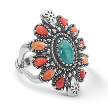 Load image into Gallery viewer, American West Sterling Silver Green Turquoise, Red and Orange Spiny Oyster Gemstone Cluster Ring Size 9
