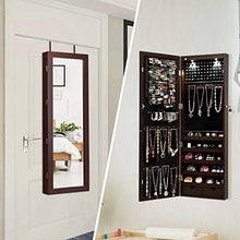 Load image into Gallery viewer, Giantex Wall/Door Mounted Jewelry Armoire Organizer with 2 LED Lights, Lockable Height Adjustable Jewelry Cabinet with Full Length Mirror, Large Capacity Dressing Makeup Jewelry Mirror Storage (Brown)
