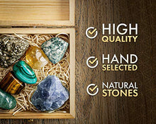 Load image into Gallery viewer, Crystalya Premium Grade Crystals and Healing Stones for Abundance and Prosperity in Wooden Box - Malachite, Pyrite, Citrine, Aventurine, Blue Calcite, Tree Agate, Tiger&#39;s Eye Gemstones + Info Guide
