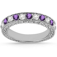 Load image into Gallery viewer, Antique Band Bridal Set Diamond and Amethyst Engagement Ring and Band 18k White Gold (1.80ct
