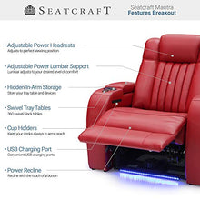 Load image into Gallery viewer, Seatcraft Mantra Home Theater Seating - Power Recline Chair - Leather - Adjustable Headrest and Lumbar Support - Cup Holders - USB Charging - Storage - SoundShaker - Ambient Lighting (Single, Red)
