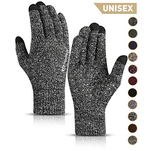 TRENDOUX Driving Gloves, Unisex Knit Winter Touchscreen Glove Men Women Texting Smartphone - Elastic Cuff - Thermal Wool Lining - Stretchy Material Black White - L