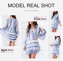 Load image into Gallery viewer, Dokotoo Women Dress Fashion Color Block Ruffle V Neck Flared Long Sleeve Mini Dress Casual Loose Babydoll Dress Pleated Short Dresses Chiffon Dress for Women Summer Autumn,US 8-10(M),Blue
