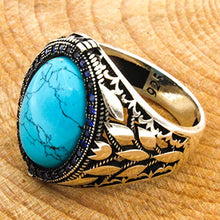 Load image into Gallery viewer, Solid 925 Sterling Silver Rings for Men Turkish Handmade Simulated Turquoise Luxury Design Premium Quality (14.75)
