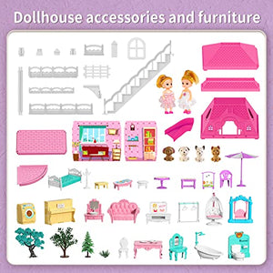 TEMI Doll House Dreamhouse for Girls - 4-Story 12 Rooms Playhouse with 2 Dolls Toy Figures, Fully Furnished Fashion Dollhouse, Pretend Play House with Accessories, Gift Toy for Kids Ages 3 4 5 6 7 8+