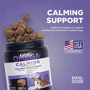 GNC Pets Omega Calming Dog Supplements for Adult Dogs with Omega Fatty Acids and Flaxseed, 120 ct | Chicken Flavored Soft Chews for Calming & Relaxation | with L-Tryptophan, Chamomile, & Ginger