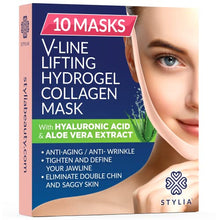 Load image into Gallery viewer, 10 Piece V Line Shaping Face Masks – Double Chin Reducer - Lifting Hydrogel Collagen Mask with Aloe Vera – Anti-Aging and Anti-Wrinkle Band - Contouring, Slimming and Firming Face Lift Sheet
