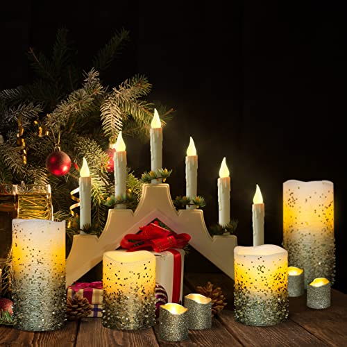 Load image into Gallery viewer, FURORA LIGHTING Silver Glitter Flameless Candles Battery Operated, Remote Controlled Pillar Candles and Votive Candles Bundle with 6 Pack Flickering Taper Candles Battery Operated with Timer