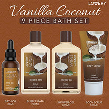 Load image into Gallery viewer, Bath and Body Gift Basket For Women and Men – 9 Piece Set of Vanilla Coconut Home Spa Set, Includes Fragrant Lotions, Extra Large Bath Bombs, Coconut Oil, Luxurious Bath Towel &amp; More
