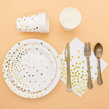 Load image into Gallery viewer, White and Gold Party Supplies 350PCS Disposable Dinnerware Set - White Paper Dinner/Dessert Plates Napkins Cups, Gold Plastic Forks Knives Spoons for Birthday Graduation Fathers Day Independence Day
