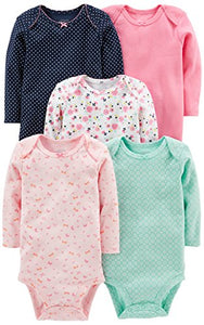 Simple Joys by Carter's Baby Girls' 5-Pack Long-Sleeve Bodysuit, Pink/Navy/Mint, 0-3 Months