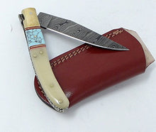 Load image into Gallery viewer, Damascus Knives Laguiole Style Pocket Knife White Bone &amp; Turquoise Handle With Leather Sheath Made in Ancient Persian Indus Valley
