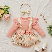 Load image into Gallery viewer, Newborn Infant Baby Girl Ruffle Long Sleeve Ribbed T-Shirt Top Floral Suspender Shorts Headband Winter Clothes (Pink, 0-3 Months)
