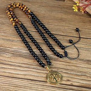 COAI Tree of Life Pendant Tiger Eye Obsidian Stone 108 Beads Mala Necklace