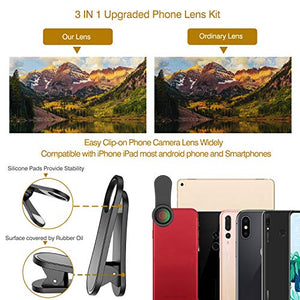 Phone Camera Lens,Upgraded 3 in 1 Phone Lens kit-198° Fisheye Lens + Macro Lens + 120° Wide Angle Lens,Clip on Cell Phone Lens Kits Compatible with iPhone,iPad,Most Android Phones and Smartphones