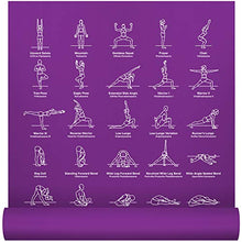 Load image into Gallery viewer, NewMe Fitness Instructional Yoga Mat, Purple - Printed w/ 70 Illustrated Poses, 24” Wide x 68” Long, for Women &amp; Men : Non Slip, Eco Friendly PVC, Non Toxic : for Home or Gym : 5mm Thick
