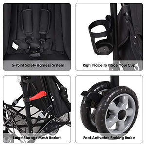 BABY JOY Lightweight Stroller, Aluminum Baby Umbrella Convenience Stroller, Travel Foldable Design with Oxford Canopy/ 5-Point Harness/Cup Holder/Storage Basket, Black