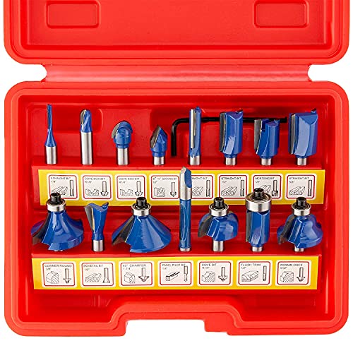 Hiltex 10100 Tungsten Carbide Router Bits, 15 Piece Router Bit Set, 1/4” Shank Tungsten Carbide Router Bits, Router Bits for Woodworking on Wood