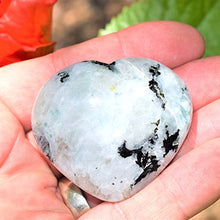Load image into Gallery viewer, Zenergy Gems Selenite Charged Hand-Carved Natural Rainbow Moonstone Pocket Puffy Heart/Palm Heart/Worry Stone + Baby Selenite Puffy Heart Charging Crystal [Included]
