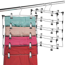 Load image into Gallery viewer, ZOBER Space Saving 5 Tier Metal Skirt Hanger with Clips (3pk) Hang 5-on-1, Gain 70% More Space,Rubber Coated Hanger Clips,360 Swivel Hook,Adjustable Clips Pants Hanger,Hang Slack,Trouser,Jeans,Towels
