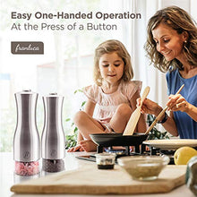 Load image into Gallery viewer, Grind'Oro Electric Salt and Pepper Grinder Set (2 Mills) Battery Operated, Stainless Steel with Light - One Touch Automatic Salt Grinder Mill Adjustable Coarseness, Franluca's Kitchen Power Shaker Set

