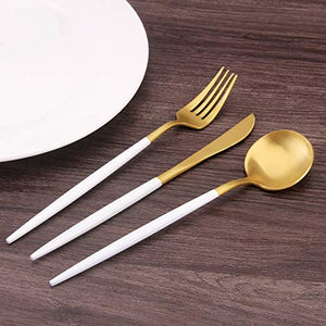 Matte Gold Silverware Set with white handle, Bysta 5-Piece Stainless Steel Flatware Set, Kitchen Utensil Set Service for 1, Tableware Cutlery Set for Home and Restaurant, Satin Finish, Dishwasher Safe
