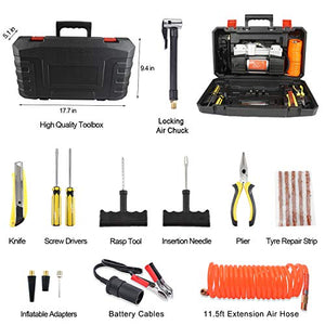 GSPSCN Portable Air Compressor Pump Tire Inflator with Digital Gauge, Heavy Duty Double Cylinder 12V Tire Pump 150 PSI with Tire Repair Kit and Toolbox for Auto,SUV,Off-Road,Truck,Bike