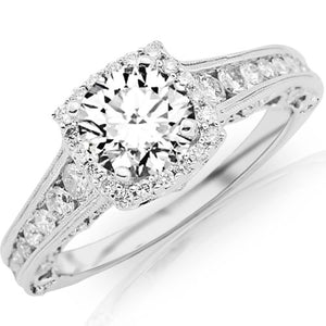 1.75 Carat Designer Halo Channel Set Round Diamond Engagement Ring with Milgrain 14K White Gold with a 1 Carat I-J I2 Center