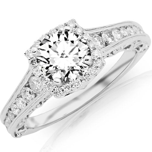 1.75 Carat Designer Halo Channel Set Round Diamond Engagement Ring with Milgrain 14K White Gold with a 1 Carat I-J I2 Center