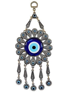 Erbulus Turkish Glass Blue Evil Eye Wall Hanging Ornament with Flower Design - Metal Home Decor - Turkish Nazar Bead Amulet - Protection and Good Luck Charm Gift in a Box