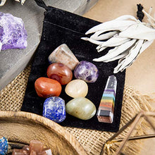 Load image into Gallery viewer, Beverly Oaks Premium Healing Crystals 21 Piece Kit - 7 Tumbled Chakra Stones, 7 Raw Crystals, Peacock Ore, Crystal Geode, Pyrite, Honey Calcite, Aragonite, Selenite Stone + Bonus Chakra Tower
