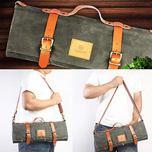 Load image into Gallery viewer, SmarTopus Chef Knife Roll Bag - Handmade Waxed Canvas and Leather Knife Bag Stores 10 Knives + Zipper Pocket and Shoulder Strap
