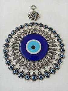 Erbulus Large Glass Flower Design Turkish Blue Evil Eye Wall Hanging – Turkish Nazar Bead - Home Protection Charm with Hamsa Keychain - Wall Decor Amulet in a Box