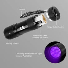 Load image into Gallery viewer, LE Black Light Flashlight, Small UV Lights 395nm, Portable Ultraviolet Light Detector for Invisible Ink Pens, Dog Cat Pet Urine Stain, AAA Batteries Included
