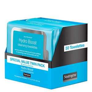 Neutrogena HydroBoost Facial Cleansing & Makeup Remover Wipes with Hyaluronic Acid, Hydrating Pre-Moistened Face Towelettes to Cleanse & Remove Dirt, Makeup & Impurities, Twin Pack, 25 ct