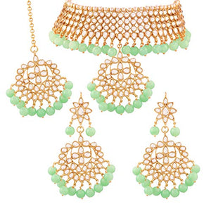 I Jewels Traditional Kundan & Mint Pearl Choker Necklace Set for Women (K7058Min)