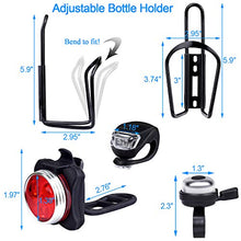 Load image into Gallery viewer, EAONE Bicycle Accessories with USB Rechargeable Bike Light Silicone LED Bicycle Light Front and Back Bike Water Bottle Holder Silicone Bike Phone Mount and Bike Bell (USB Cables and Straps Included)
