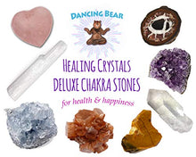 Load image into Gallery viewer, Dancing Bear Deluxe Healing Crystals (8 pc Set), Premium Collection: Amethyst Cluster, Rose Quartz Heart, Celestite, Quartz Point, Selenite Stick, Metaphysical Info Guide, Chakra Stones
