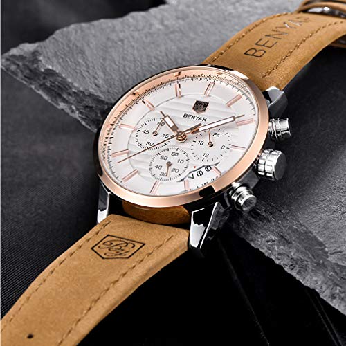 Load image into Gallery viewer, BENYAR Quartz Chronograph Waterproof Watches Business and Sport Design Leather Band Strap Wrist Watch for Men (Brown White)