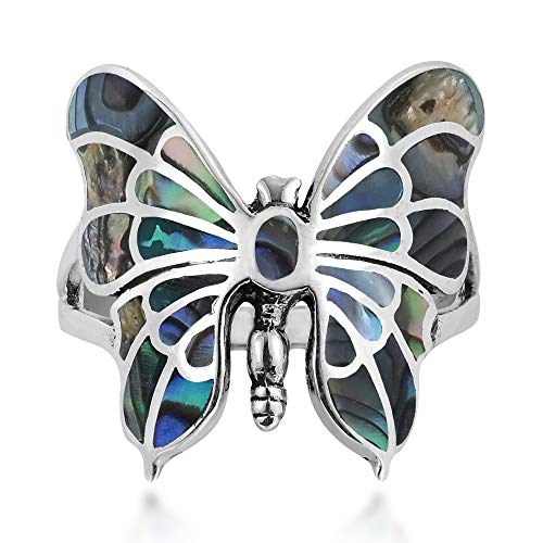 AeraVida Exotic Graceful Butterfly Abalone Shell Inlay .925 Sterling Silver Ring (6)