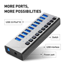 Load image into Gallery viewer, Powered USB Hub - ACASIS 10 Ports 48W USB 3.0 Data Hub - with Individual On/Off Switches and 12V/4A Power Adapter USB Hub 3.0 Splitter for Laptop, PC, Computer, Mobile HDD, Flash Drive and More
