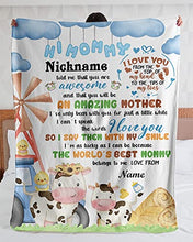 Load image into Gallery viewer, Personalized Cow Mom Baby Fleece Blanket Hi Mommy Grandma Told Me That You are Awesome Blanket Gifts for New First Mom to Be from Bump Baby Custom Name Blanket for Birthday Christmas Thanksgiving
