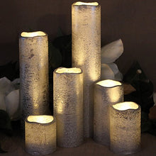 Load image into Gallery viewer, LED Lytes Flameless Timer LED Candles Slim Set of 6, 2&quot; Wide and 2&quot;- 9&quot; Tall, Silver Coated Wax and Flickering Warm White Flame for Home and Wedding Decor
