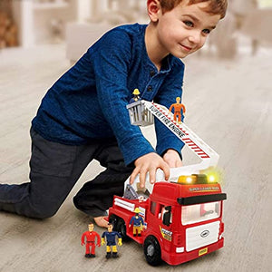 Toy Fire Truck with Lights and Sounds - 4 Sirens - Big Folding Ladder - Powerful Friction Wheels - Large Red Play Fire Engine Firetruck for Kids Toddlers Boys & Girls - Bonus: 5 Toy Figures
