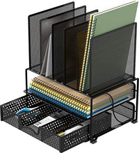 Load image into Gallery viewer, SimpleHouseware Mesh Desk Organizer with Sliding Drawer, Double Tray and 5 Upright Sections, Black
