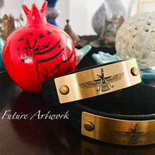 Load image into Gallery viewer, Future Faravahar Ahura Mazda Adjustable (3 size 7.5"-8"-8.4") Black Leather Bracelets Men Iran Jewelry Zoroastrian Antique Gold Color Iranian bracelet

