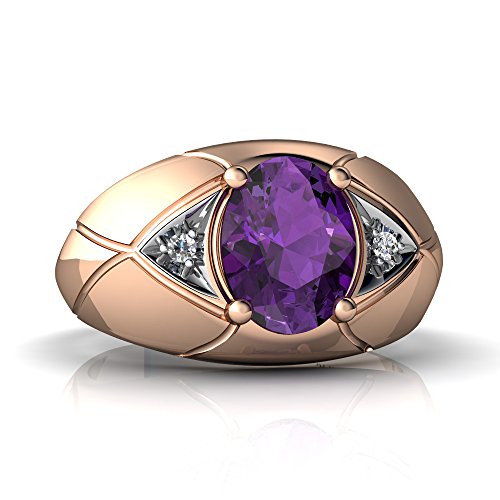 14kt Rose Gold Amethyst and Diamond 8x6mm Oval Men's Ring - Size 7